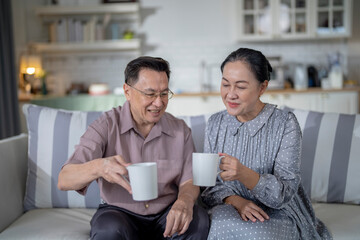 An elderly couple enjoys a peaceful moment at home, sharing smiles and drinks. The warm and cozy atmosphere emphasizes their deep connection, happiness, and the comfort of spending time together.