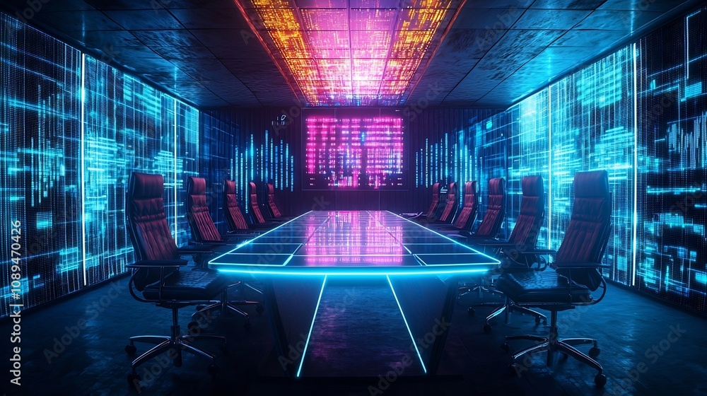 Poster futuristic blockchain powered boardroom with transparent data streams and business executives