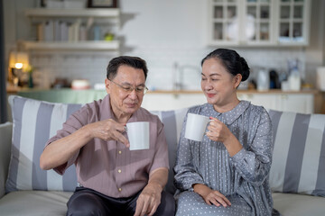 An elderly couple enjoys a peaceful moment at home, sharing smiles and drinks. The warm and cozy atmosphere emphasizes their deep connection, happiness, and the comfort of spending time together.