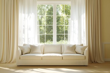 Fototapeta premium Curtains in a South French Living Room – Elegant Decor, Cozy Interior, and Mediterranean Style Living Space
