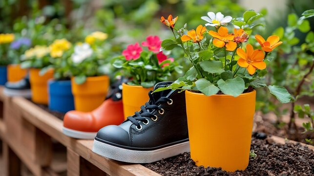 Repurposed old shoes transformed into unique and colorful flower pots neatly arranged in a lush vibrant garden setting showcasing a creative and eco friendly approach to home and outdoor decor