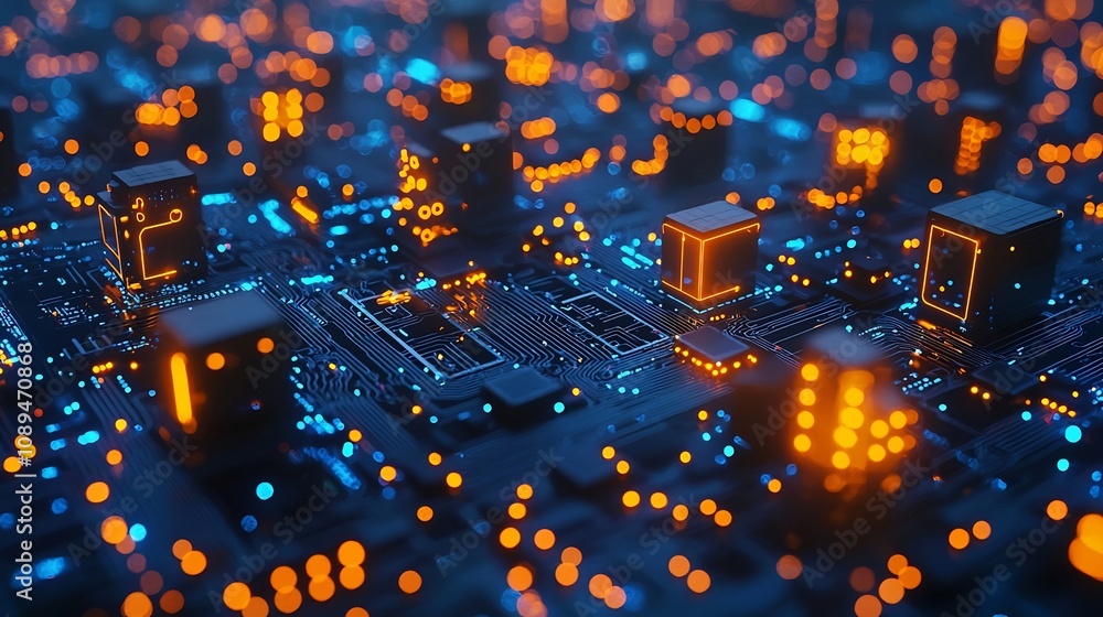 Poster smart city with glowing blockchain nodes monitoring energy consumption for sustainable resource mana