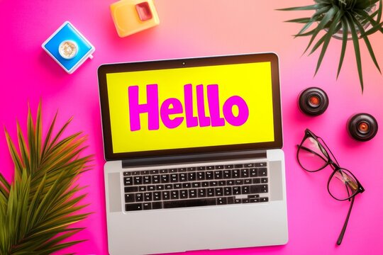 Celebrating World Hello Day Vibrant Digital Greeting on Laptop Screen for Global Unity and Friendship