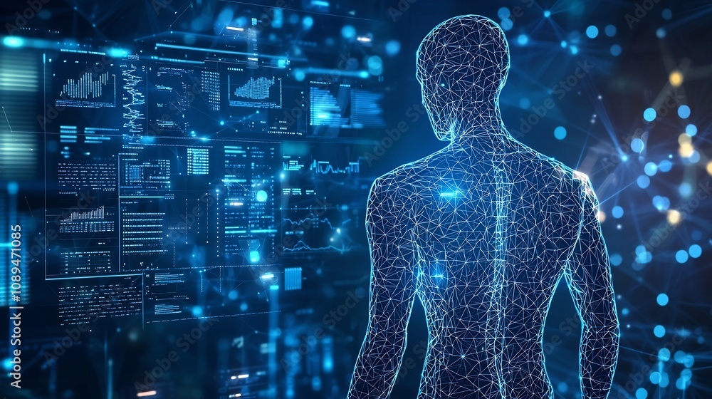Poster high tech futuristic digital human anatomy model in vivid abstract wireframe design a low poly geome