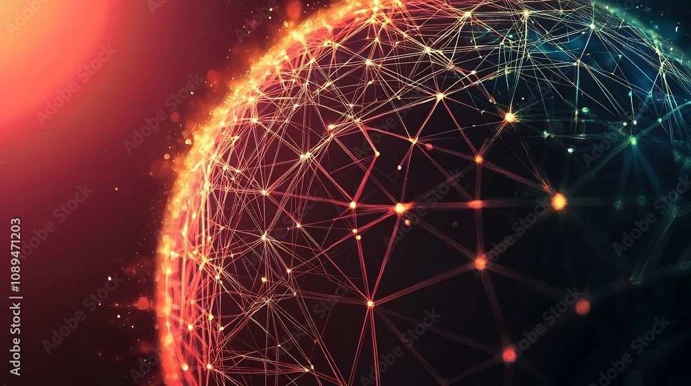 Poster glowing digital sphere of interconnected blockchain blocks representing secure data flow in the futu