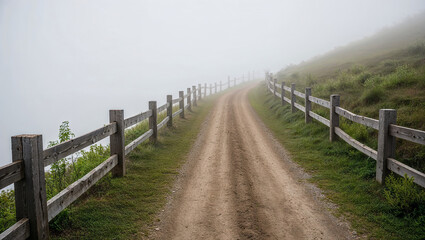 Path lined with fences vanishes within dense fog, untouched.
