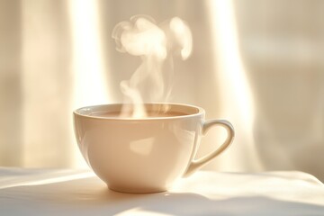 Steaming cup of tea in soft morning light