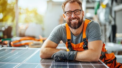 A smiling worker in orange overalls poses with solar panels, showcasing enthusiasm for renewable energy and sustainable technology.