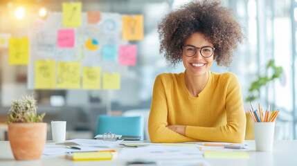 A smiling woman with curly hair sits at a desk surrounded by colorful notes and stationery, exuding positivity and creativity in a bright workspace.