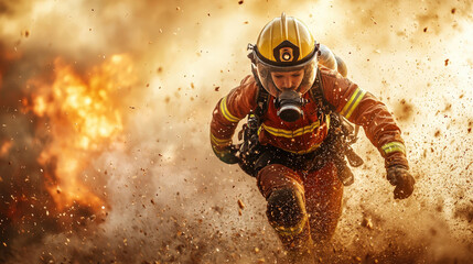 Naklejka premium A firefighter runs through smoke and flames, showcasing bravery and action in a critical emergency response.