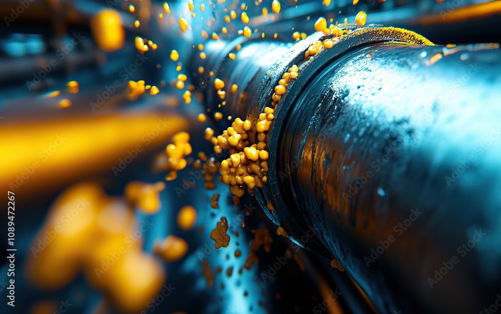 Poster a close-up view of a pipe with vibrant yellow particles flowing through, showcasing dynamic motion a
