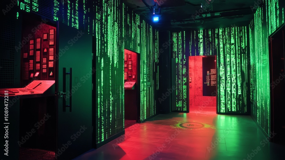 Poster a vibrant, futuristic room illuminated with green and red lights, featuring walls resembling digital