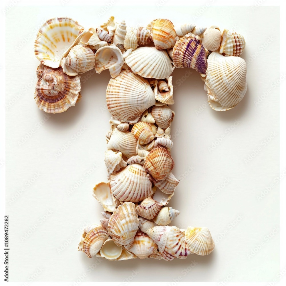 Poster letter t formed using variety seashells carefully arranged smooth white surface highlighting unique 