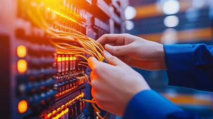An IT service person's hands connect the Lan cable inside the proxy panel to turn on the building's electrical system	