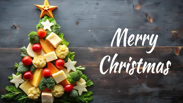 christmas tree made of cheese and vegetables on the wooden background