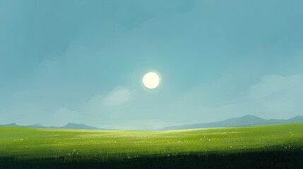Fototapeta premium A bright summer day showcasing a green grass field stretching to the horizon, beneath a brilliant blue sky and radiant sun.