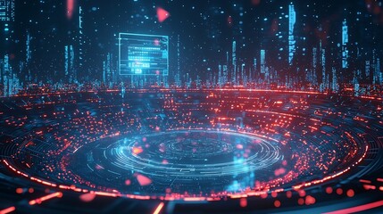 Futuristic Arena of Digital Corporate Competition with Glowing Market Trends Holograms