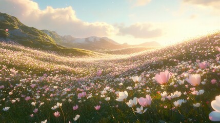 Fototapeta premium A dreamy view of a cosmos field in late afternoon light, with scattered blooms and a soft blue sky above.
