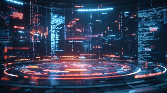 Futuristic Arena for Company Competition with Glowing Digital Tools and Floating Holograms of Market Trends and Consumer Data