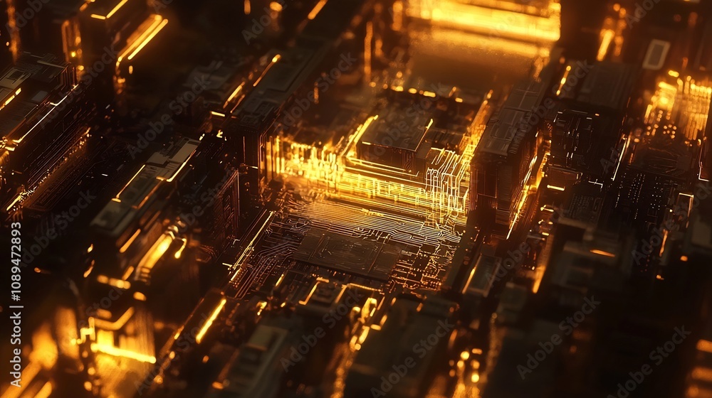 Poster intricate golden circuit patterns and computer motherboard designs glowing against a dark sophistica