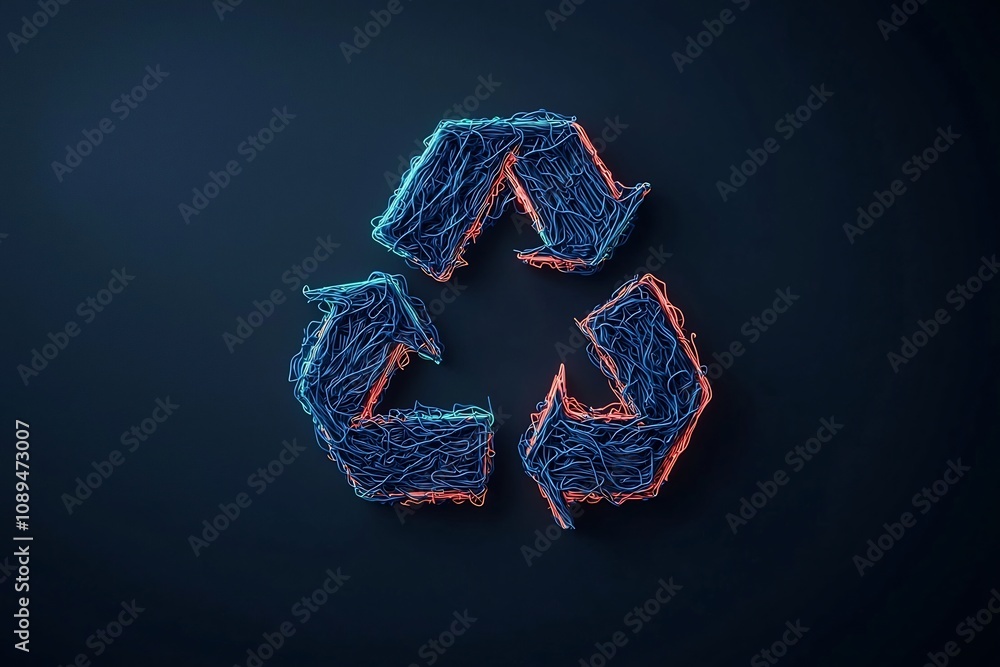 Poster intricately woven neon recycling logo representing connected sustainability in a digital 3d renderin