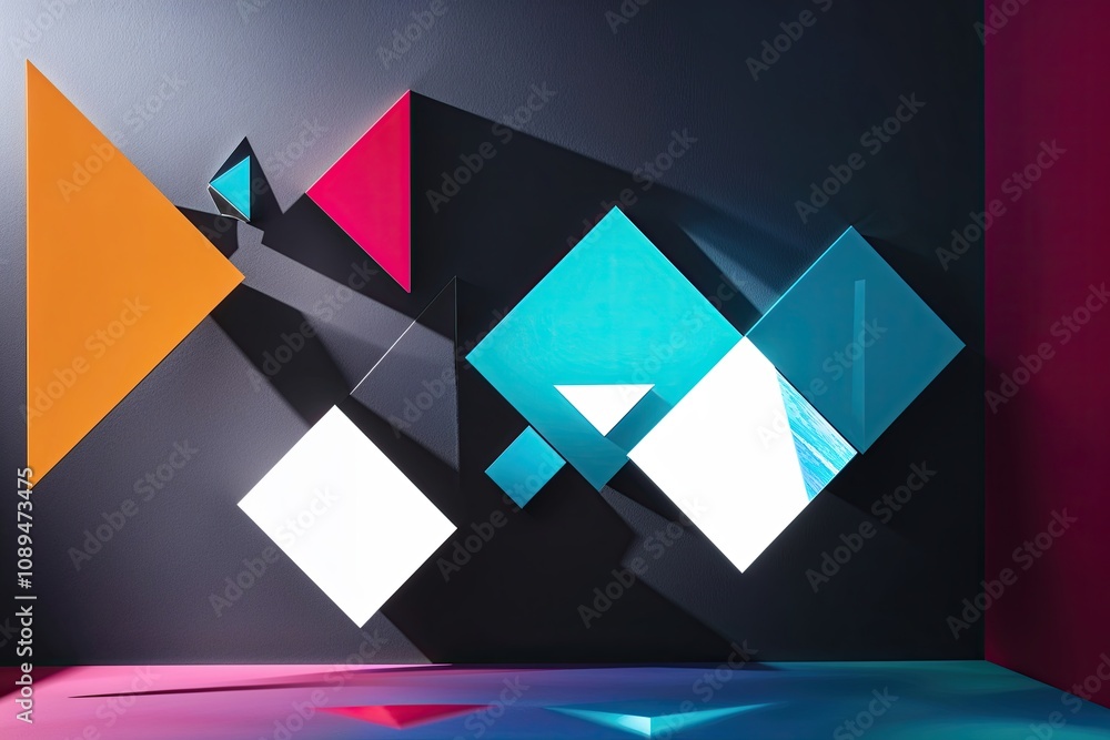 Poster dynamic geometric shapes with dark background and 3d light refraction