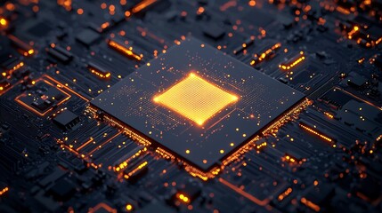 Luminous futuristic semiconductor with a glowing neon yellow intelligence logo surrounded by elegant golden electronic components on a sleek dark high tech background representing innovation
