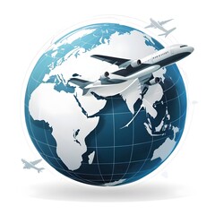 Fototapeta premium A globe icon with an airplane flying around it, centered on a transparent or white background. Represents global travel, exploration, and international connectivity.