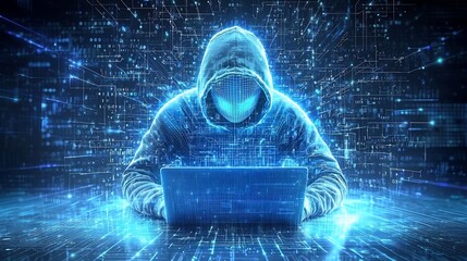 Luminous digital hacker surrounded by glitchy data flow and electronic circuit elements on a high tech background symbolizing the power of intelligence and technology in cybersecurity and programming