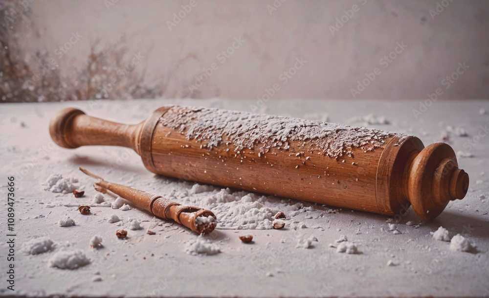 Poster a wooden rolling pin with a spoon next to it. the rolling pin is covered in flour and has a few piec