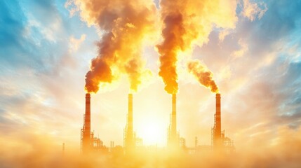 A dramatic sunset behind industrial smokestacks emitting thick clouds of smoke, symbolizing pollution and environmental impact.