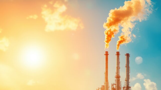 A bright sunset scene featuring industrial smokestacks emitting steam, illustrating environmental concerns related to pollution and energy production.