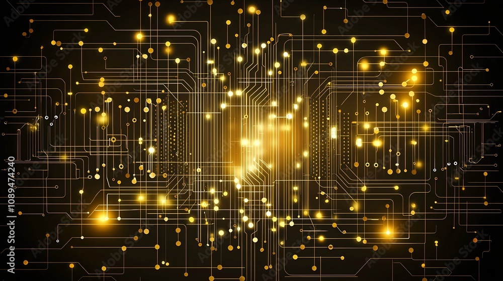 Poster luxurious abstract technology background featuring intricate golden circuit lines and glowing mother