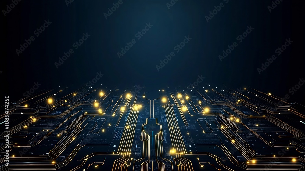 Poster luxurious abstract technology background with intricate golden circuit lines and glowing motherboard
