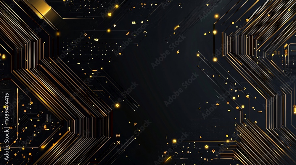 Poster luxurious glowing golden electronic circuits and lines forming intricate futuristic tech patterns on
