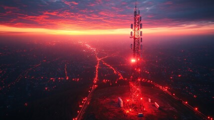Naklejka premium Dramatic Sunset Over Cityscape: Telecom Tower & Communication Network