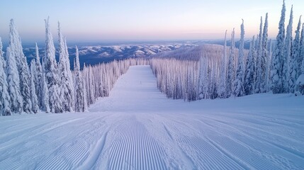 A pristine ski slope with parallel ski tracks winding down, framed by snow-covered trees under a clear sky.