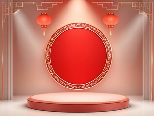 Chinese New Year Stage Mockup with Lanterns and Dragon Decorations
