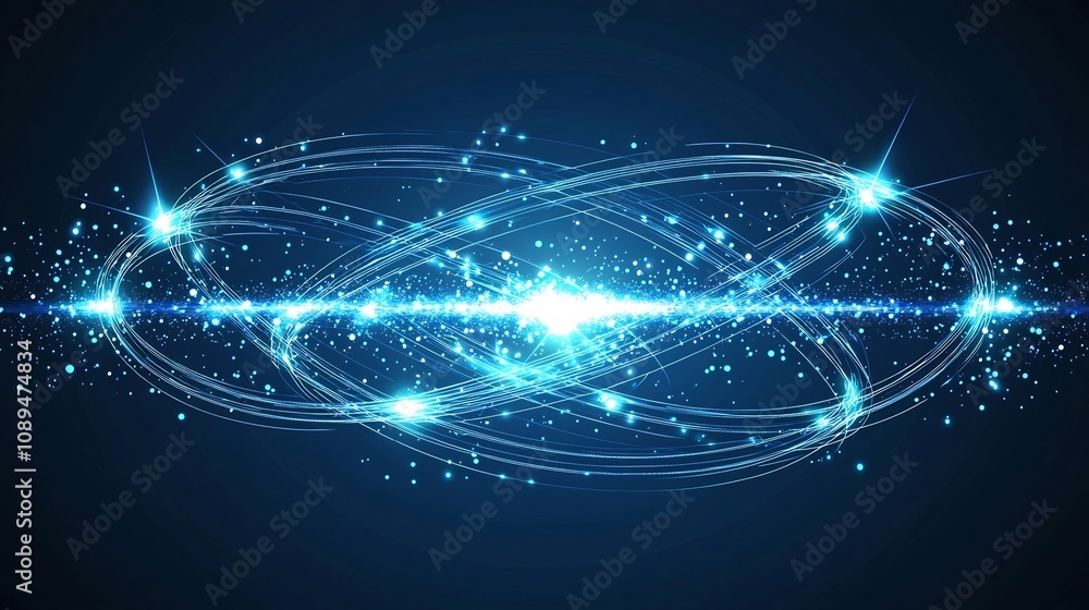 Poster mesmerizing cosmic atom icon with glowing interconnected orbits and twinkling sparkles set against a