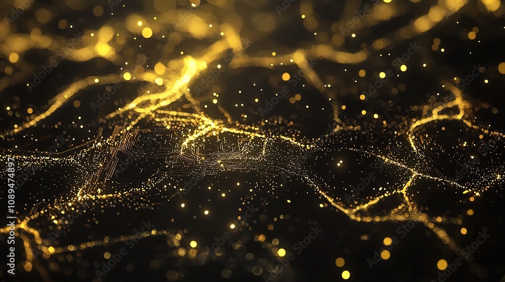 Poster mesmerizing futuristic golden circuits flowing across a dark tech background with intricate motherbo