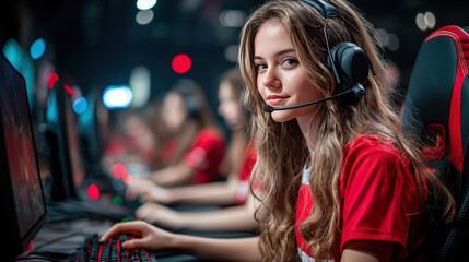 A focused female gamer with headphones competes in an esports event, showcasing a vibrant gaming atmosphere with teammates in the background.