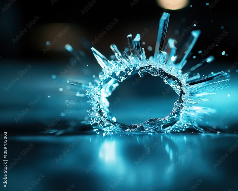 Poster a mesmerizing close-up of water splashing, creating a circular crown of droplets against a blurred b