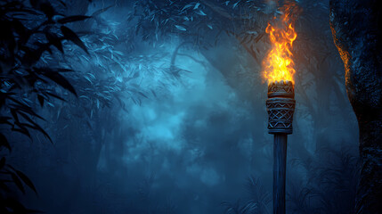 Spooky tiki torch lit in eerie foggy forest at night. Creepy Haunted Woods. Illustration