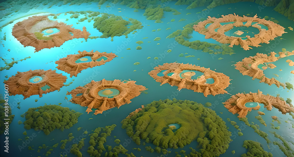Aufkleber A computer generated image of a planet with many small islands and a large body of water. The islands are of various sizes and shapes, and some of them have small lakes