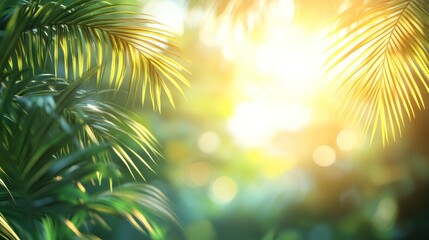 Obraz premium Lush tropical foliage with sunlit bokeh background.
