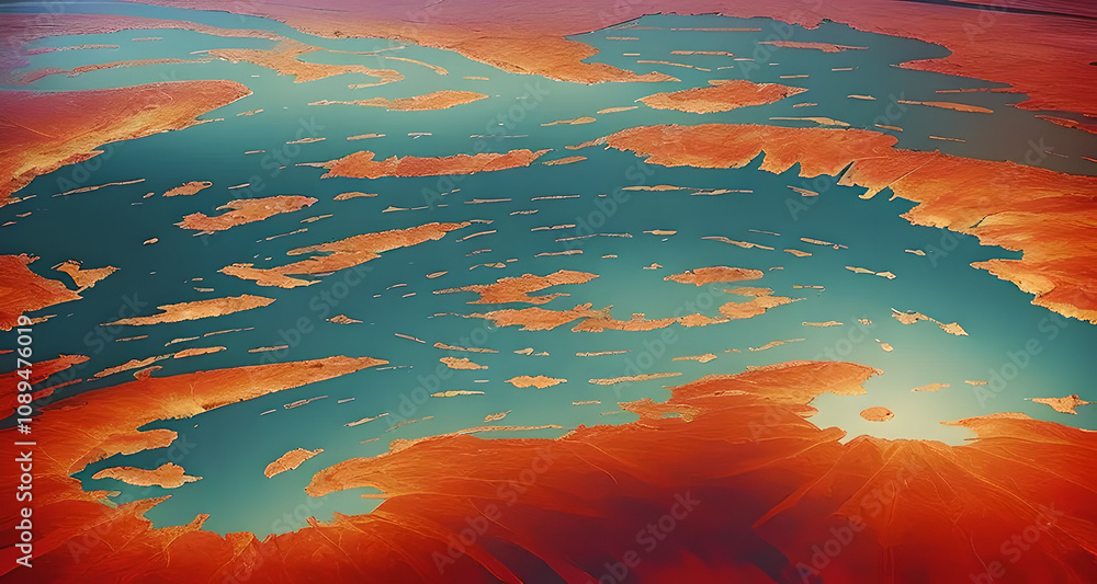 Poster A blurry image of a blue and orange ocean with a large, orange blob in the middle. The image has a dreamy, surreal quality to it