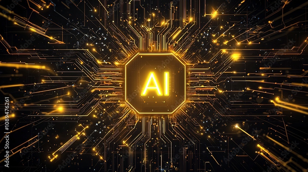 Poster neon yellow logo radiating from the center of an advanced semiconductor with golden thin lines and i