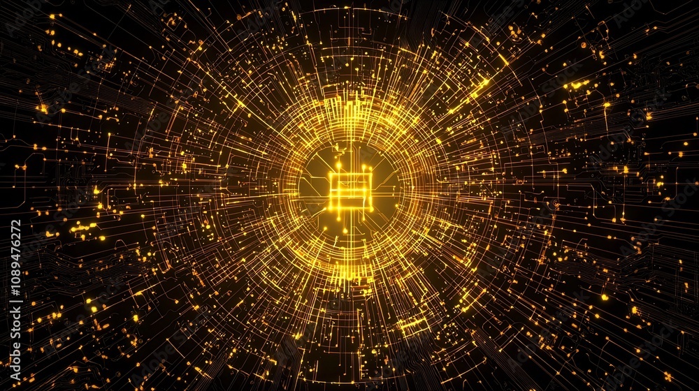 Poster neon yellow logo radiating from the center of an advanced semiconductor with golden thin lines and i