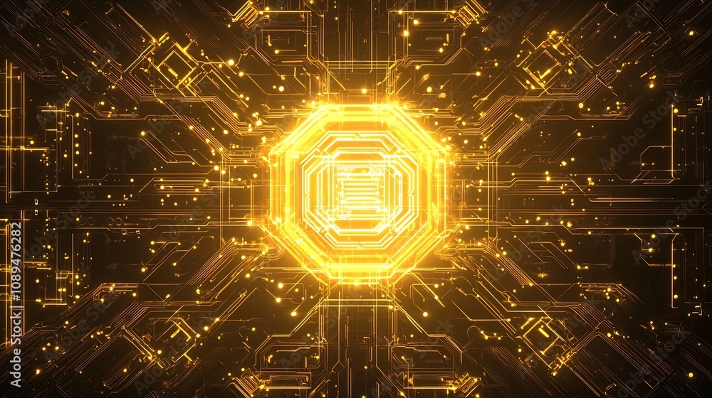 Poster neon yellow logo radiating from the center of an advanced semiconductor with golden thin lines and i