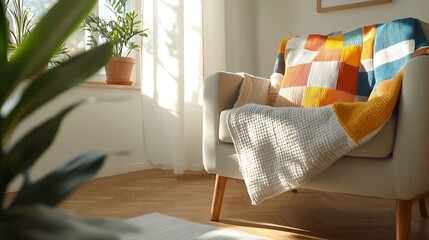 Vibrant patchwork curtains hanging in a cozy and sun drenched living room complemented by vintage inspired decor and furnishings creating a warm and welcoming atmosphere